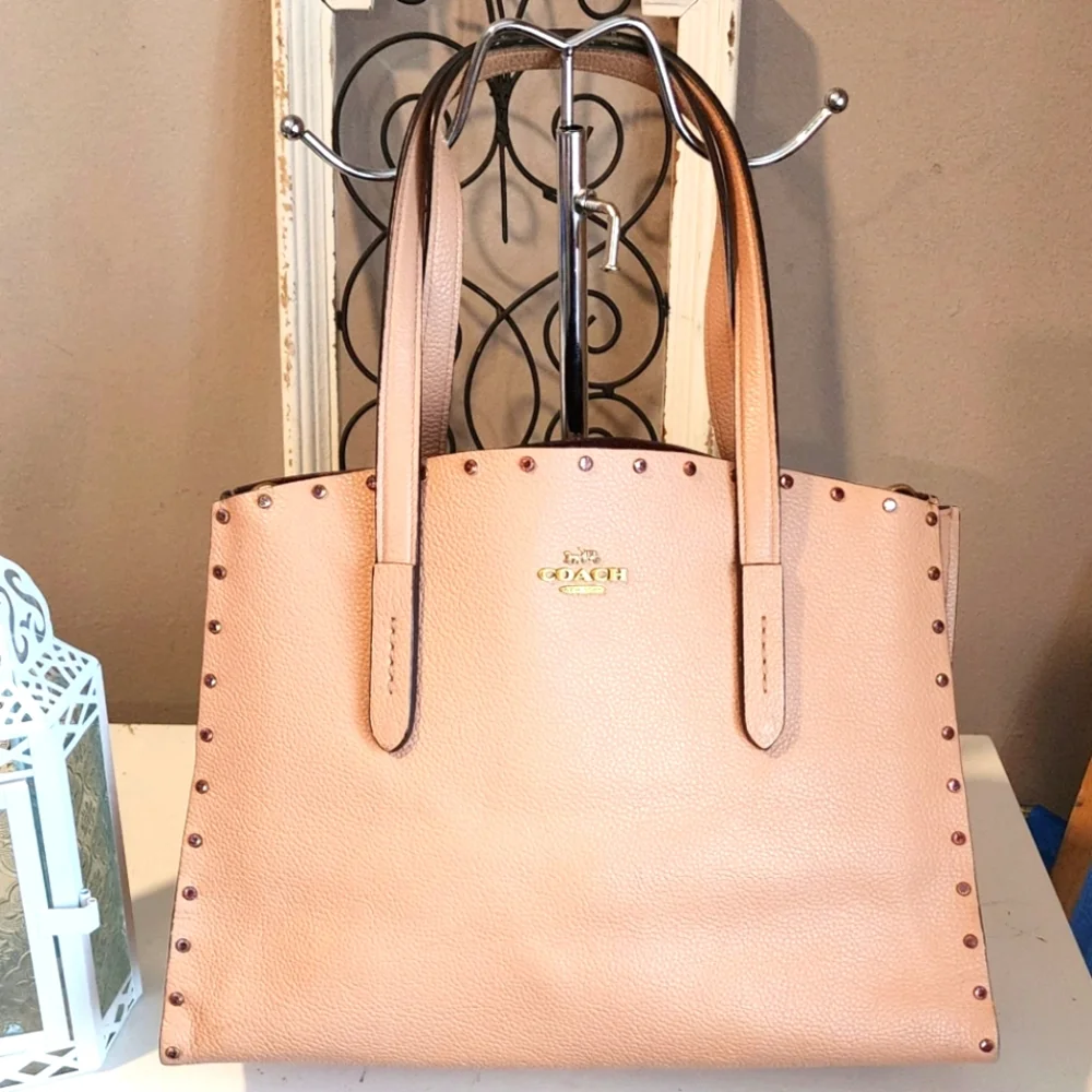 Coach Charlie Crystal Rivets Border Pale Pink Leather Carryall Tote Bag - Picture 1 of 14